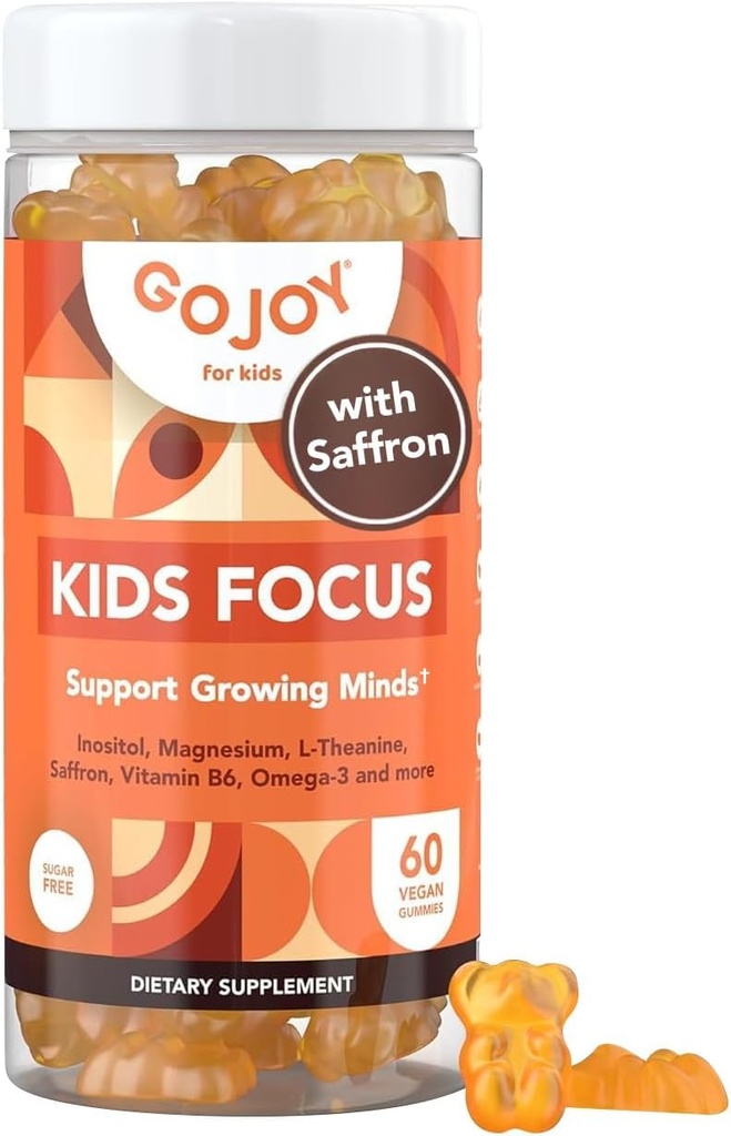 Kids Focus Gummies - 7-in-1 Focus & Attention Supplement for Kids & Teens w/Saffron Extract, Magnesium Glycinate, L-Theanine, Inositol & More - Vegan, 글루텐 & Sugar-Free, 비 GMO