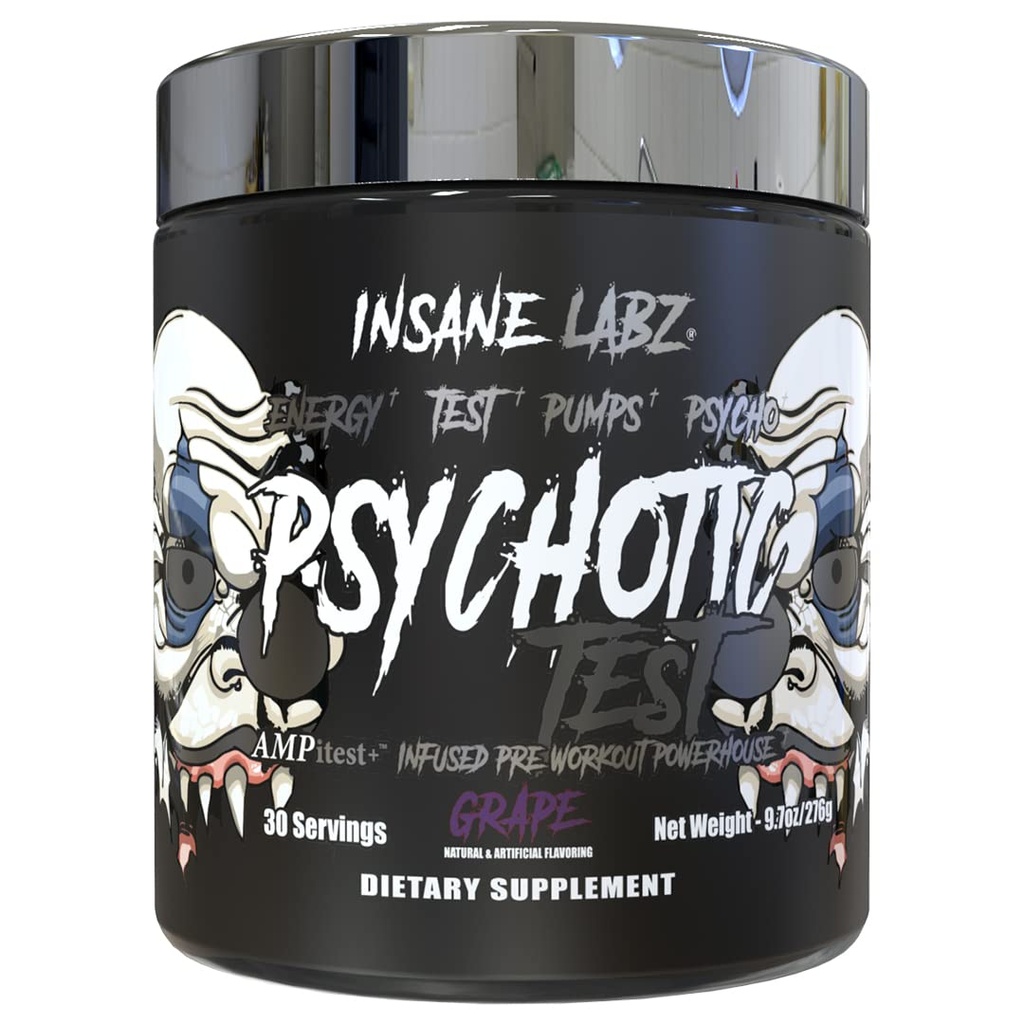 Insane Labz Psychotic 시험, 높은 자극 테스토스테론 에너지 및 펌프 DMAE Bitartrate, D Aspartic 산, Creatine HCL 및 글리세롤 Monostearate, 30의 서빙, 포도를 가진 전 운동 분말을 밀어