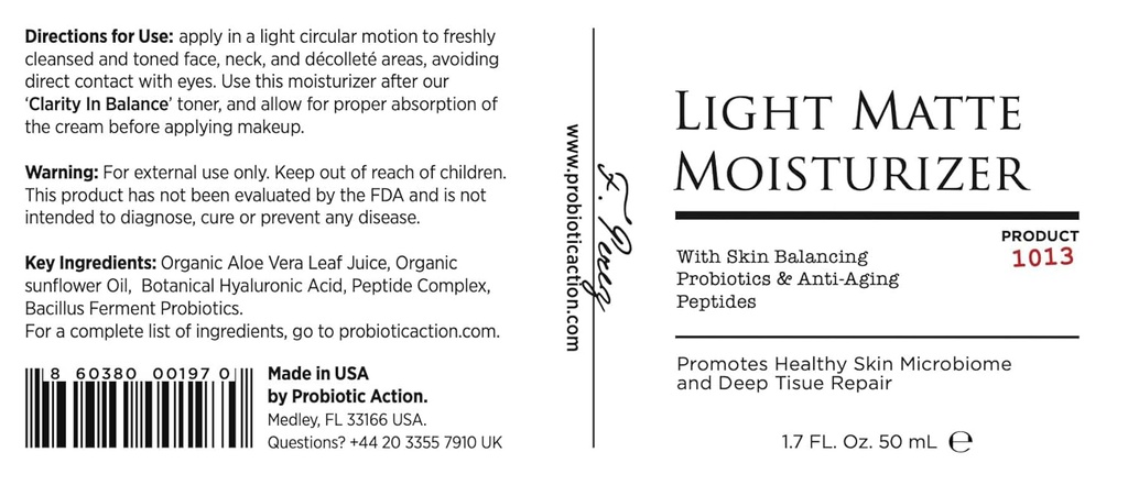 Probiotic Action® Light Matte Moisturizer - Probiotic은 Acne, Rosacea 및 Eczema를 방지합니다. Probiotic 및 펩타이드는 고약, 부드러움, 그리고 맑게 피부의 견고를 유지합니다.
