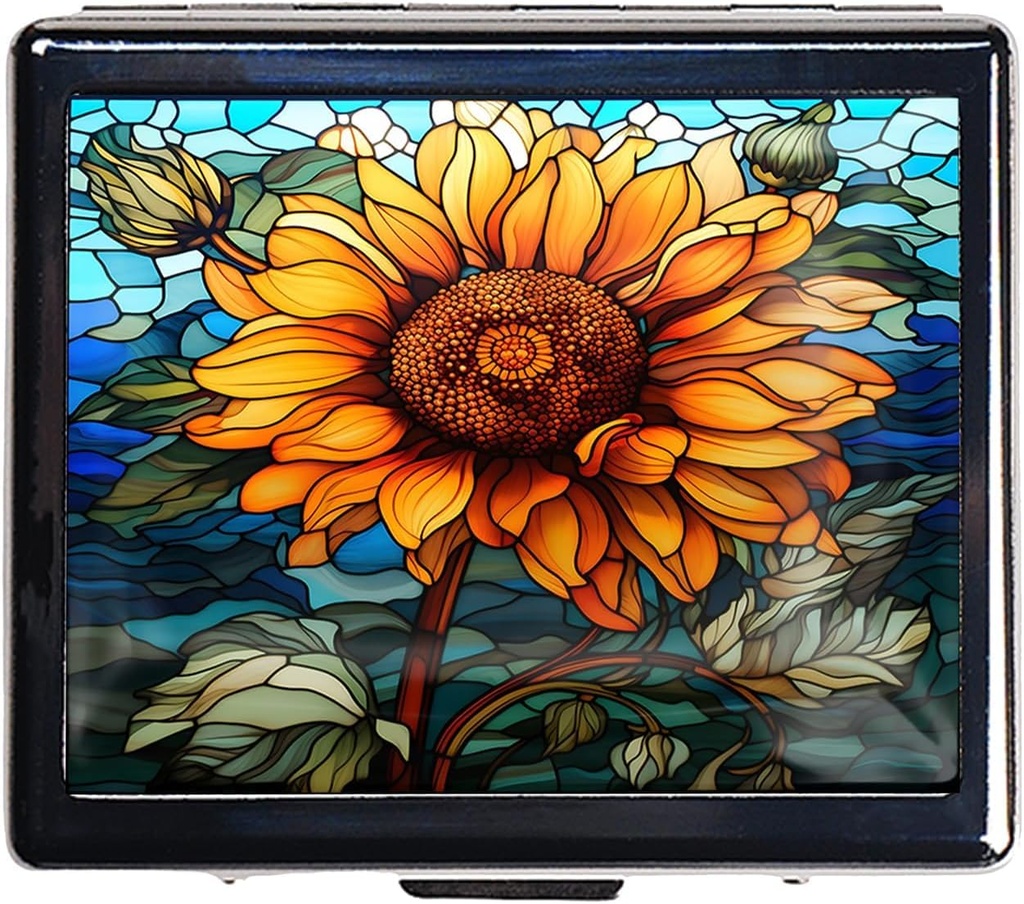 7 Days Chromed Shiny Silver Pill 주최자는 거울 내부에는 8 개의 분리형 Compartments Rectangle 7 Days Pill Box Pill Case (Sunflower Stained Glass)가 있습니다.