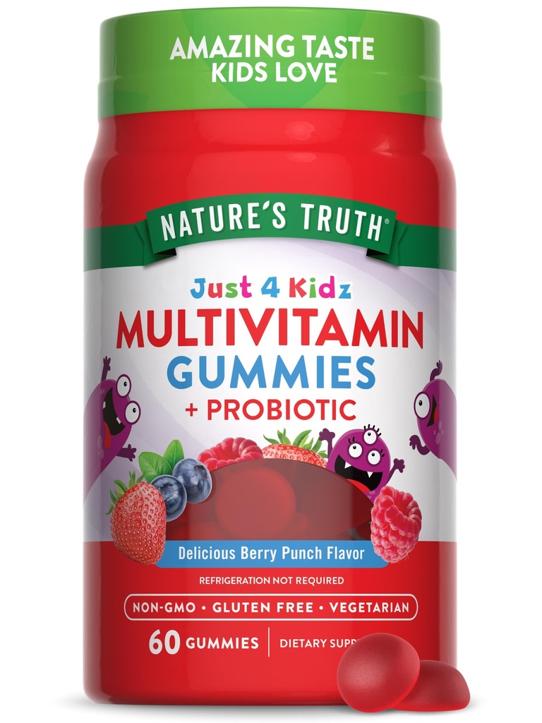 Nature's Truth Kids Multivitamin Gummies with Probiotics | 60 개 | 베리 펀치 맛 | 채식주의, 비 GMO 및 글루텐 무료 보충