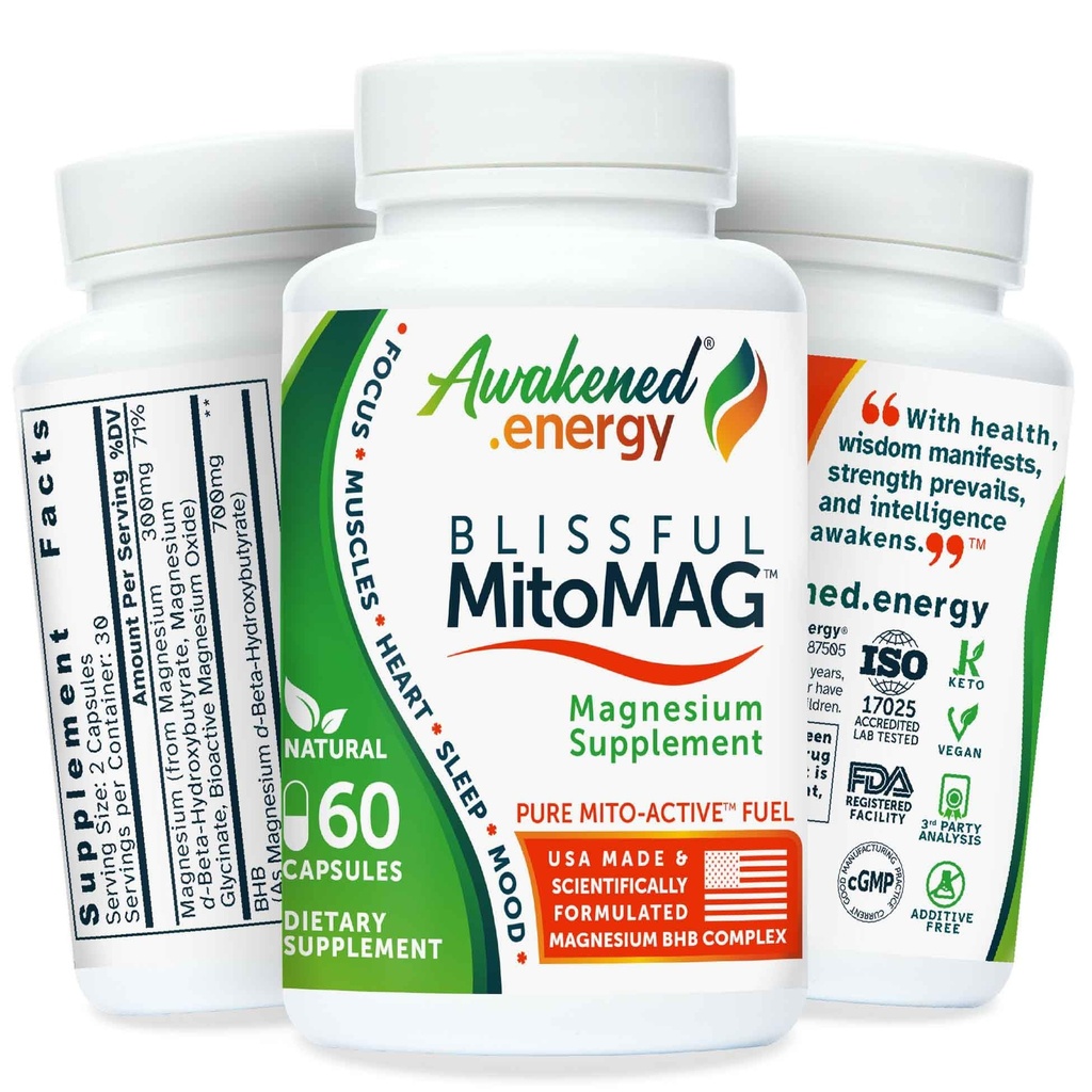 Blissful MitoMag – 300mg Elemental 마그네슘 복합체 : Mg Glycinate, Mg BHB - 수면 근육 계류 에너지 Cognitive 초점 Calm - 모든 자연, 미국 제작, 첨가물 없음 - 60 Vegan 캡슐 보충