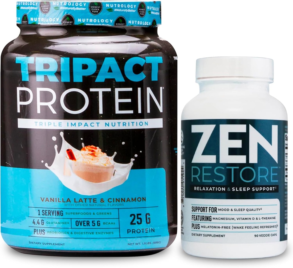 Nutrology TRIPACT Protein Powder, 7-in-1 식사 교체 Shake, Vanilla Latte Cinnamon 맛 (20 서빙) Zen 천연 마그네슘 보충 (30 서빙)