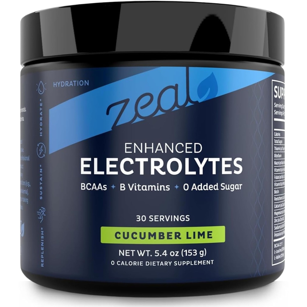 Zeal Electrolyte Powder Recovery 음료 (30 인분 |Cucumber Lime) w 0 Sugar +BCAAs +B-Vitamins Electrolyte Supplement w 칼륨 아연 및 마그네슘