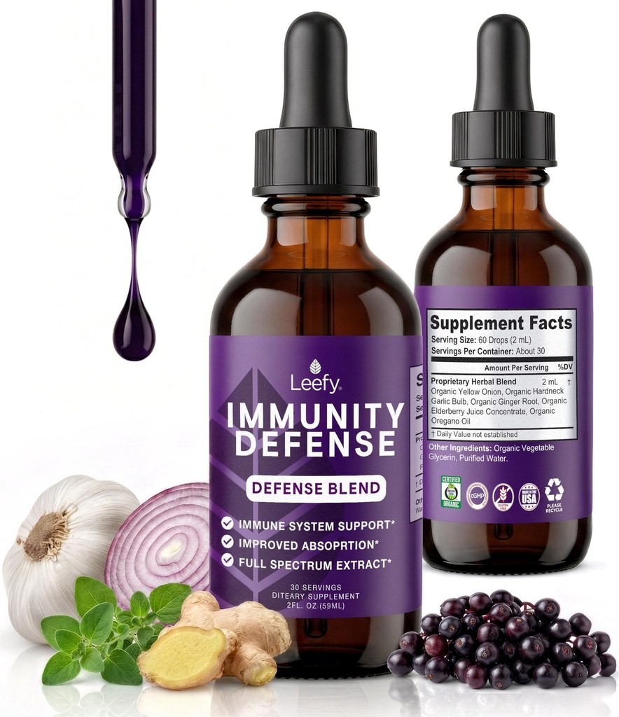 Leefy Organics Immunity Defense Blend - 유기 면역 지원 보충교재, 빠른 흡수 면역 보충교재, 성인을 위한 면역 부스터, 면역 부스트, 면역 부스터, 면역 부스트 - 2 Oz