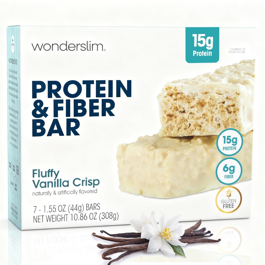 Wonderslim High Fiber Protein Bar, Fluffy Vanilla Crisp | 15g Protein, 6g Fiber | Low Sugar, Low Carb | 건강한 Indulgence | Satisfying, Energy & On-the-Go Convenience, 7 Pack
