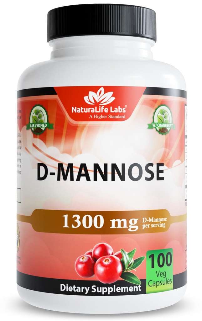 NaturaLife Labs 유기 D-Mannose 1300 mg 유기 Cranberry 추출 100 mg 서빙 당 – 100 캡슐 – 비 GMO, 글루텐 무료, Vegan