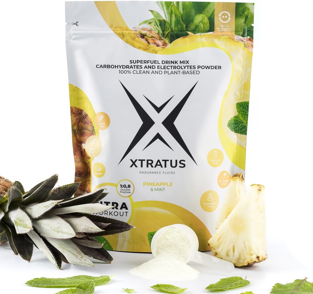 Pineapple and Mint - 탄수화물 및 전해질을 가진 Intra 훈련 보충교재. 슈퍼 연료 음료 혼합. 1:0,8 (Glucose:Fructose). 진짜 과일, 채식주의자 - 35,27 Oz.