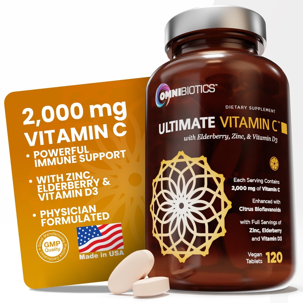 OmniBiotics Ultimate Vitamin C Supplement 2000mg - 아연, Elderberry Extract 및 D3 - 높은 Potency Immune 지원 및 Collagen 부스터 - 120 Vegan 정제