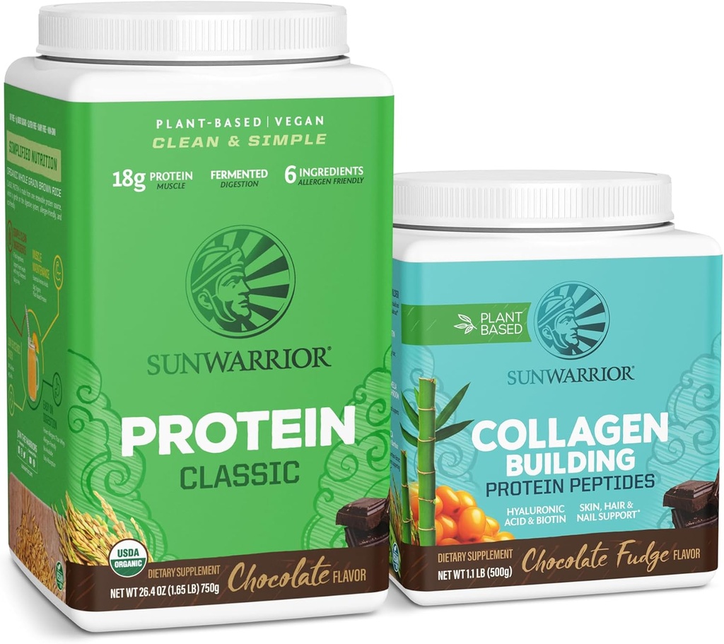 Sunwarrior Classic Vegan Protein Powder | 식물 기반 30 서빙, 초콜릿 및 콜라겐 빌딩 분말 Hyaluronic 산 | 20 서빙, 초콜릿 맛