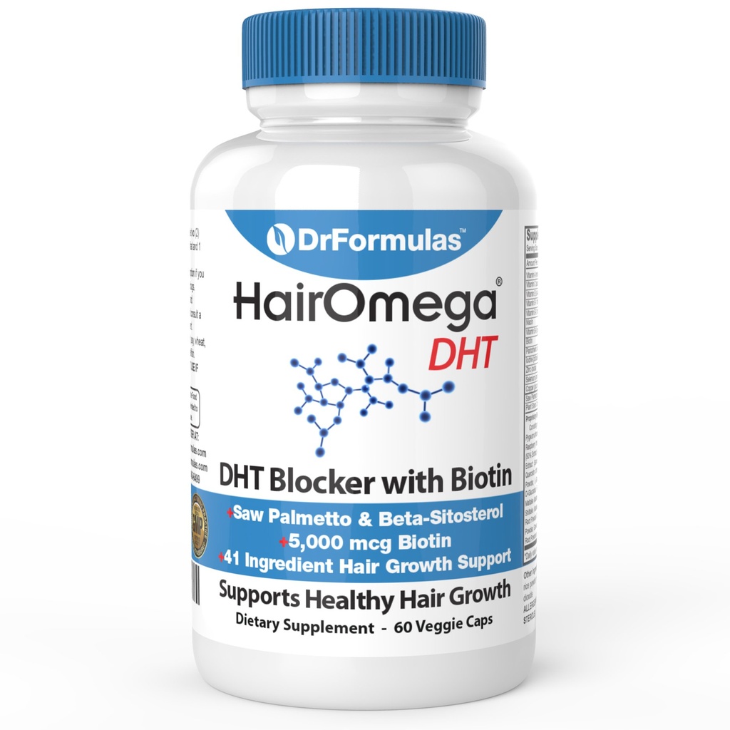 DrFormulas HairOmega DHT Blocker Biotin 5000 머리 성장 보충교재를 위한 mcg 비타민 | 여성과 남자를 위한 탈모 알약, 30 일 공급