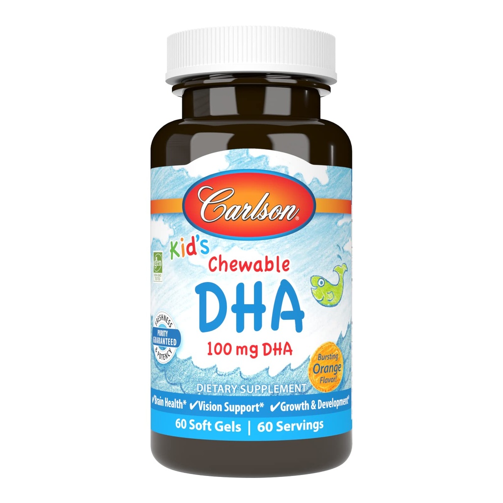 Carlson - Kid의 Chewable DHA, 100 mg DHA, 두뇌 & 시각 기능, 성장 & 발달, 오렌지, 60 Chewable Softgels