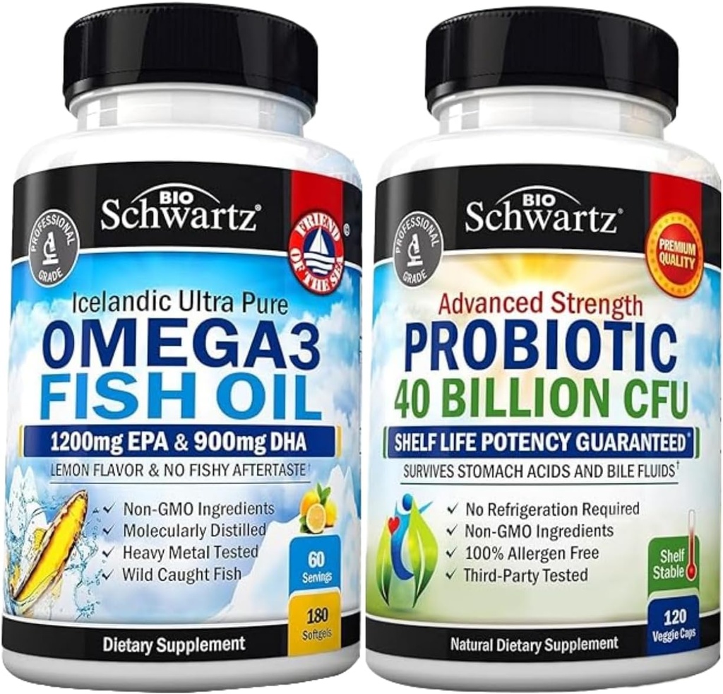 세 배 힘 Omega 3 물고기 기름 Softgels (2 달 공급) 플러스 40 억 CFU 매일 Probiotic 보충교재 (2 달 공급)