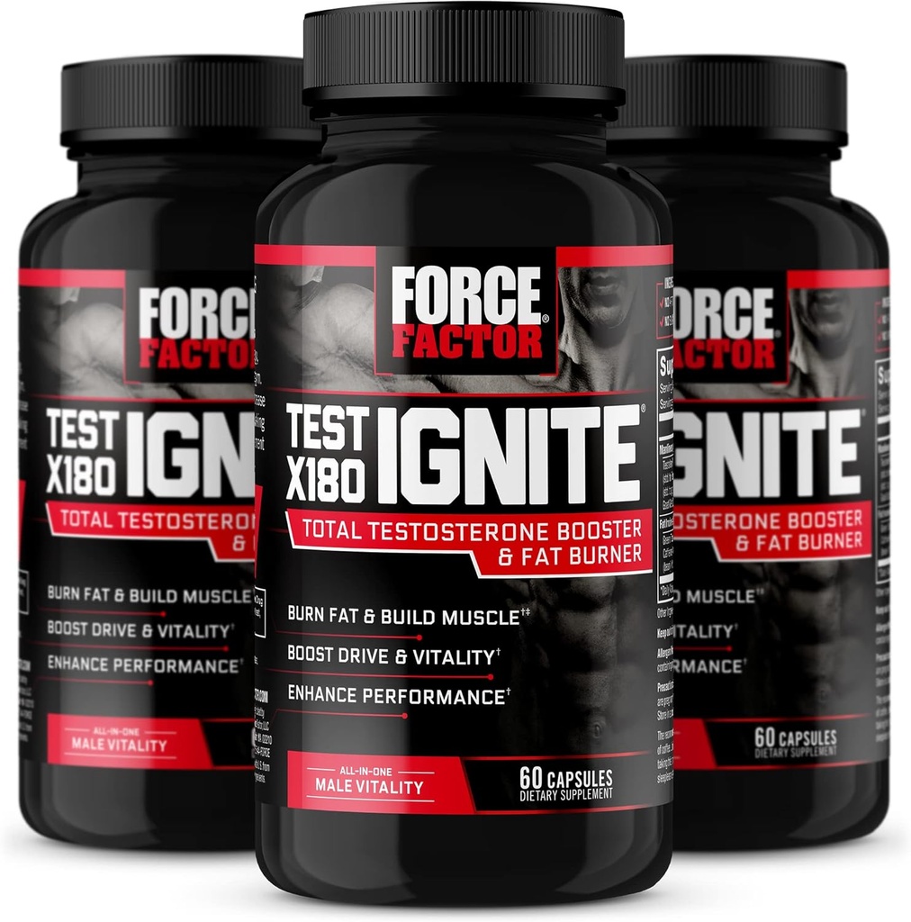 FORCE FACTOR 테스트 X180 Ignite, 남성 호르몬 부스터 & 지방 버너, 근육을 구축하는 데 도움이 테스토스테론 보충, 에너지 증가 및 부스트 활력 및 성능, 60 개 (패치 3)