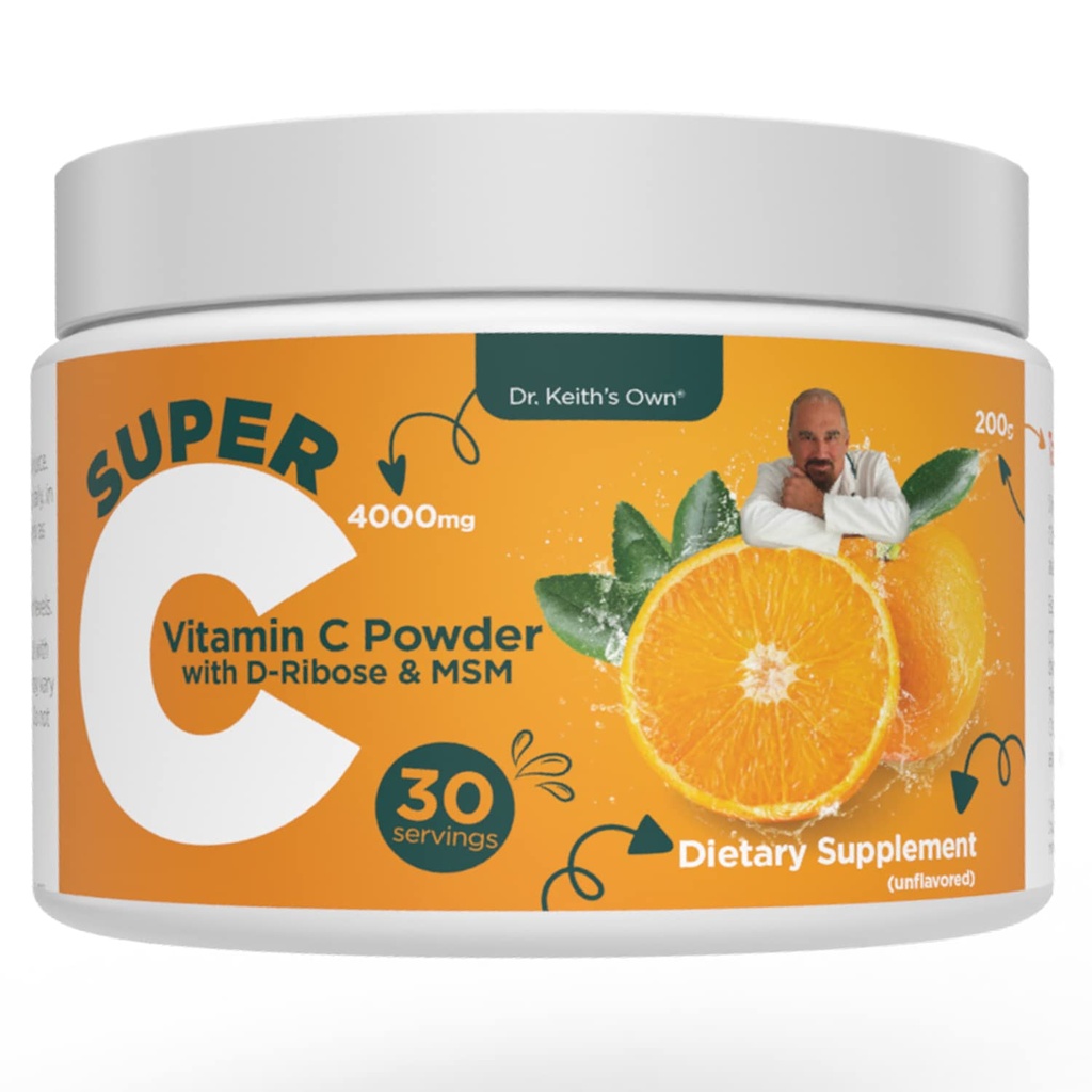 Keith의 자체 슈퍼 C-High 복용량은 D-Ribose, 글리신, MSM-Highly 흡수성, Stomach-Friendly, Collagen Boost, Immune Support-Unflavored, 200 그램 (30 서빙)와 비타민 C 4000mg을 분말