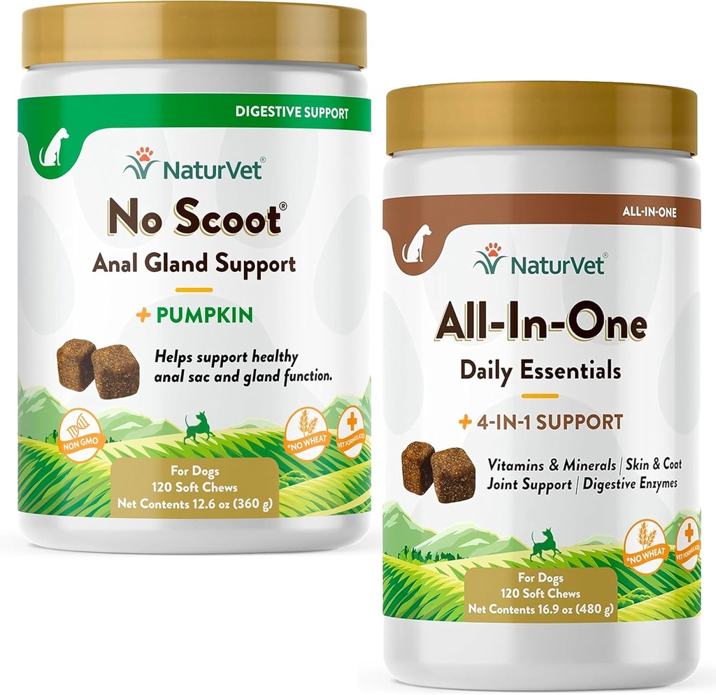 NaturVet All-in-One Dog Supplement - 공동 지원, Digestion, 피부, 코트 케어 - 120 Soft Chews & Dogs를위한 Scoot 없음 - 120 Soft Chews - 건강한 항문의 Gland & Bowel 기능 지원