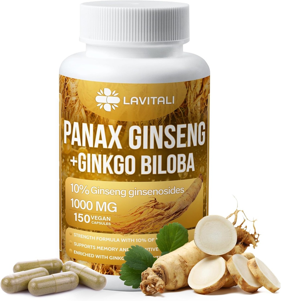 Ginseng & Ginkgo Biloba 150 Veggie 캡슐, Ginkgo Biloba 추출물, 100 % 천연 및 비 GMO, Vegan, 글루텐 무료, 유제품 무료