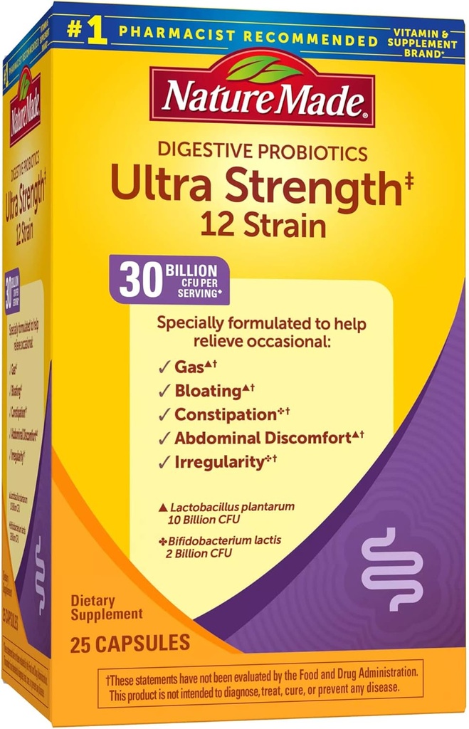 Nature Made Ultra Strength 12 Strain Digestive Probiotics, 여성 및 남성 프로바이오틱스, 25 Probiotics, 25 Day Supply