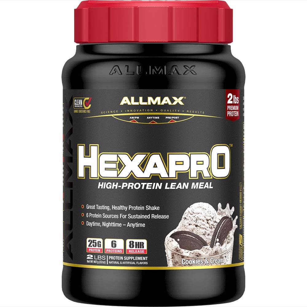 ALLMAX HEXAPRO, 쿠키 및 크림 - 2 lb - 25 그램의 단백질 당 서빙 - 8-Hour Sustained Release - Zero Sugar - 21 서빙