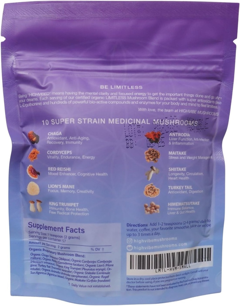 Highvibe 버섯 한계 버섯 분말, 10-in-1 버섯 혼합, 가득 차있는 스펙트럼 Mycelium 및 과일 몸, 유기, Vegan, Kosher, GF, 집중된 에너지