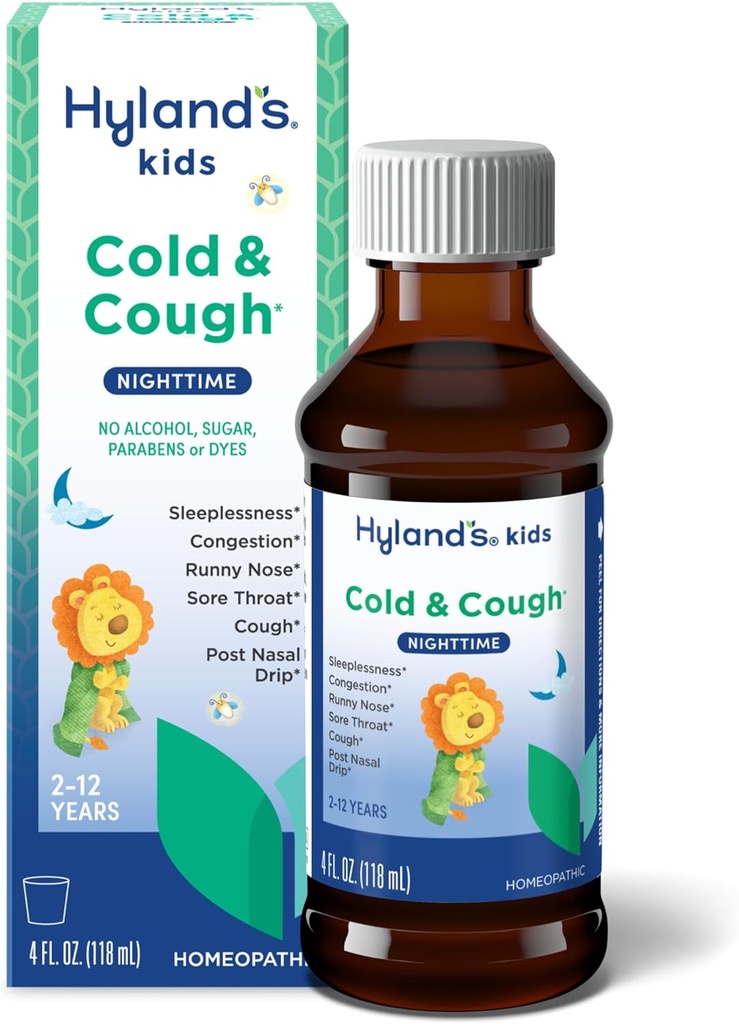 Hyland의 Kids Cold와 Cough, Nighttime Cough Syrup Medicine for Kids Ages 2 and up, Decongestant, Sore Throat Relief and Sleeplessness, Common Cold Symptoms의 구호, 4 Fl Oz