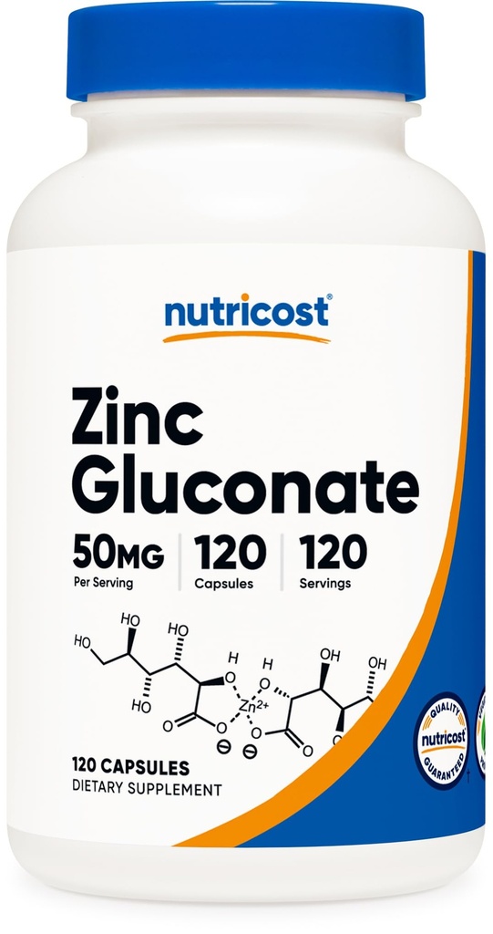 Nutricost 아연 Gluconate 120 채식 캡슐 (50mg) - 글루텐 무료 및 비 GMO