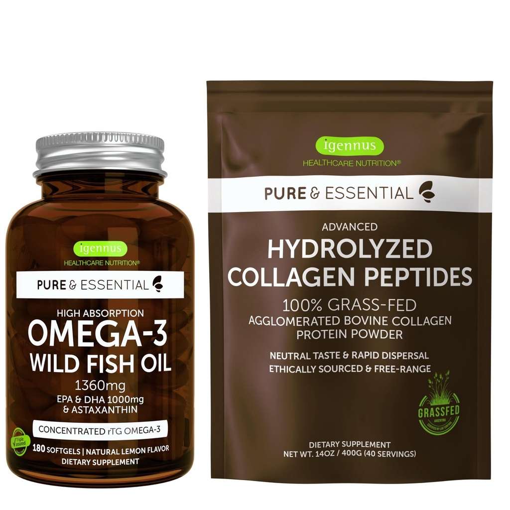 높은 흡수 Omega-3 야생 물고기 기름 1360mg & 진보된 가수분해된 교원질 펩티드 뭉치, 1000mg EPA & Astaxanthin를 가진 DHA & 100% 잔디에 의하여 먹인 둔 둔감한 교원질 단백질 분말, Igennus에 의하여