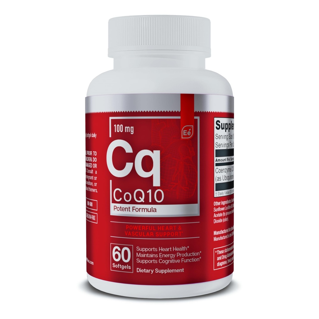심장, 뇌 및 혈관 지원을위한 필수 요소 CoQ10 100mg Softgels - 포괄적인 Coenzyme Q10 보충 최적의 흡수를위한 공식화 - 60 개, 2 개월 공급