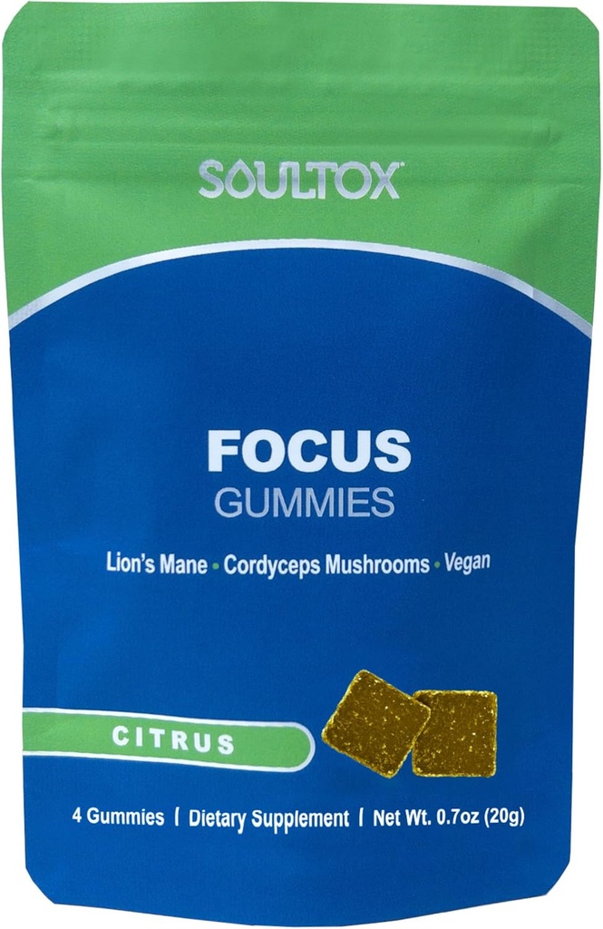 Soultox Focus Lion's Mane Gummies - Citrus 풍미 - 유기 사자 Mane 및 Cordyceps와 Vegan 공식화 - 향상된 메모리, 초점 및 에너지 - 감귤류 맛 - 단일 팩