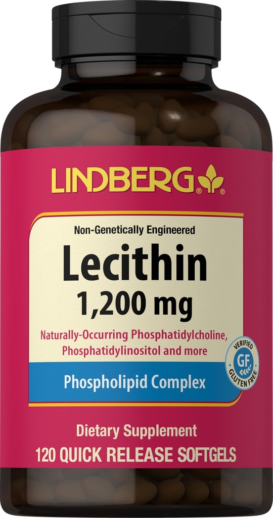 Lindberg Lecithin 1200mg 보충교재 | 남자와 여자를 위해 | 120 Softgel 캡슐 | Phospholipid Complex | Non-GMO, 글루텐 무료
