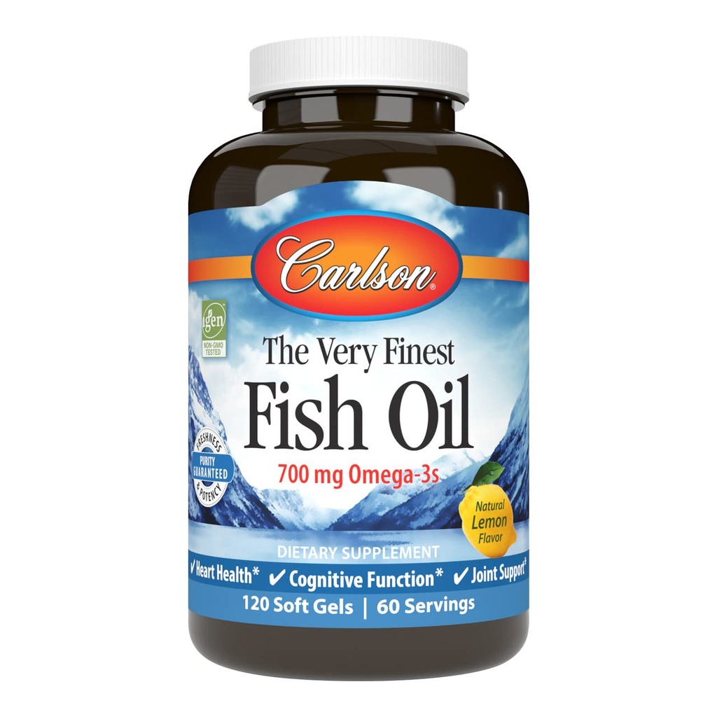 Carlson - 매우 Finest Fish Oil, 700 mg Omega-3s, 노르웨이어 생선 오일 보충, 야생 잡은 오메가-3 생선 기름, 지속 가능한 Sourced Fish Oil 캡슐, 오메가 3 보충, 레몬, 120 Softgels