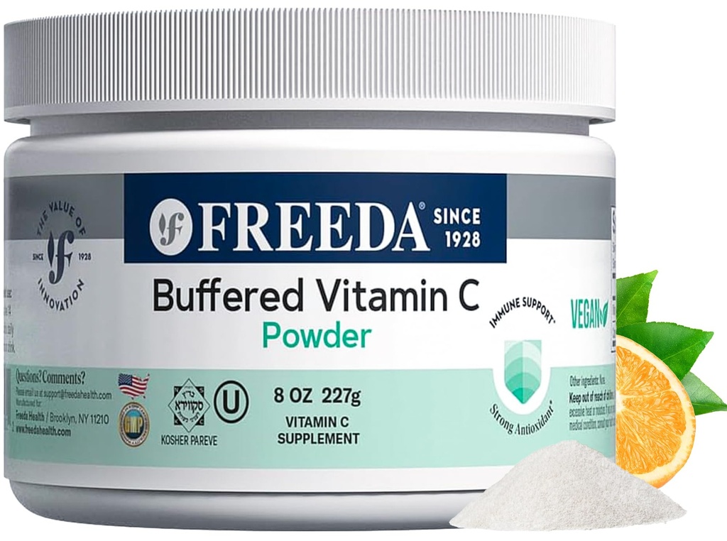 FREEDA 버퍼 비타민 C 분말 (칼슘 아스코르베이트) - 비 산성, 민감성 개인을위한 Stomach-Friendly 비타민 C - Vegan, Kosher, Sugar-Free Immune 지원 - 8 oz
