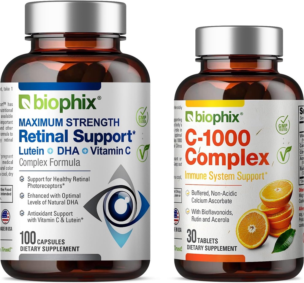 Biophix Retinal 지원 최대 힘 복합체 100 캡슐 - 무료 C-1000 30 정제 - 아연 비타민 C E Lutein DHA Omega-3 Astaxanthin Hyaluronic 산 - 지원 눈 시각 건강