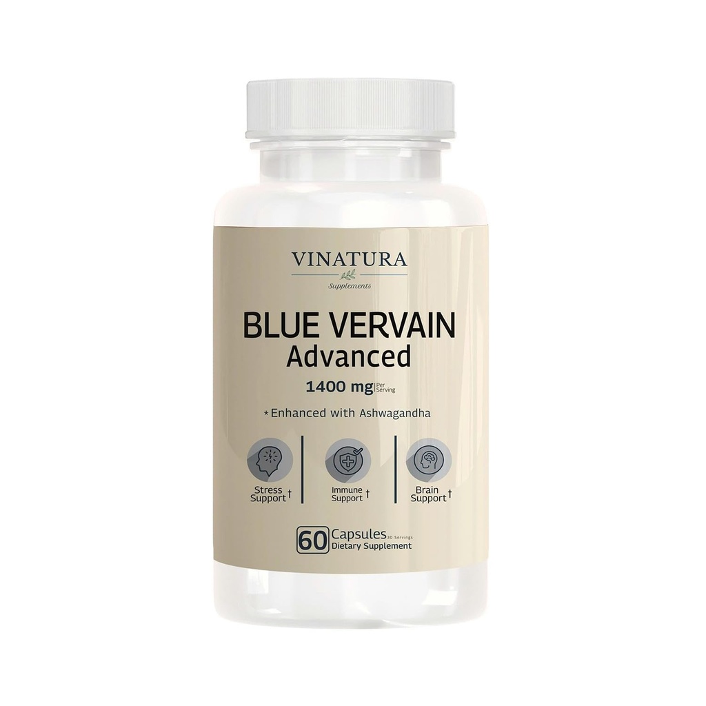 VINATURA Blue Vervain Advanced with Ashwagandha - 1400mg per serv, Blue Vervain Capsules, Blue Vervain Tea Alternative, 두뇌 건강, 구호, Ashwagandha Supplements - 60 캡슐