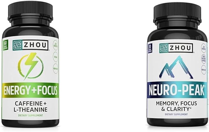 Zhou Caffeine 100mg L-Theanine 200mg Nootropic 60 캡슐과 신경 최고 뇌 지원 DMAE Bacopa 30 캡슐