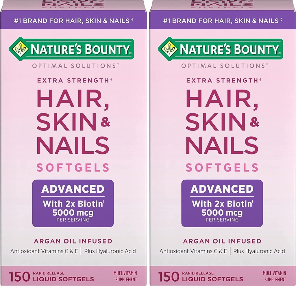 Nature's Bounty Hair, Skin & Nails Rapid Release Softgels, Biotin와 Hyaluronic 산을 가진 Argan 주입된 비타민 보충교재는, 여성을 위한 머리, 피부 및 못 건강, 150 조사 (2의 포장)를 지원합니다
