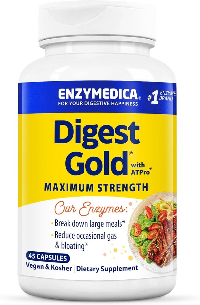 Enzymedica Digest Gold + ATPro, 최대 힘 효소 공식은, bloating와 가스를 방지하고, Amylase, Protease, Lipase 및 Lactase, 45 캡슐 (FFP)를 포함하여 14의 열쇠 효소를 방지합니다
