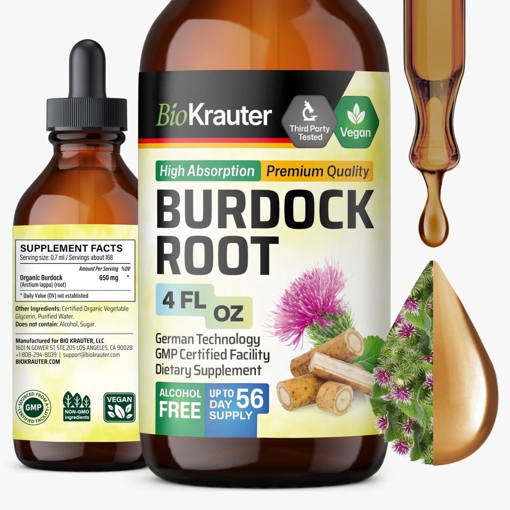 BIO KRAUTER Burdock Root Tincture - 산화 방지제 지원 액체 보충 - Burdock Root Extract - 알코올 및 설탕 무료 - Vegan Drops 4 Fl.Oz.
