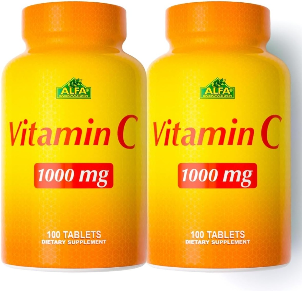 ALFA VITAMINS 비타민 C 보충교재 1000mg의 면역 지원 & 건강한 피부를 위한 강력한 산화제는, 교원질 형성을 승진시킵니다, 매일 웰니스를 위한 규정식 보충교재, 100개의 정제, 2개의 병 팩을 승진시킵니다