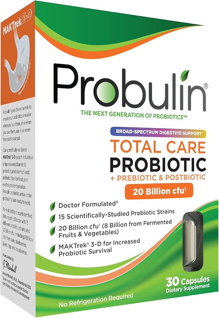 Probulin 총 치료 Probiotic 보충, 매일 Gut, 소화, 그리고 면역 건강 Probiotics 캡슐 남성과 여성, 20 억 CFU, Vegan, 30 카운트 박스
