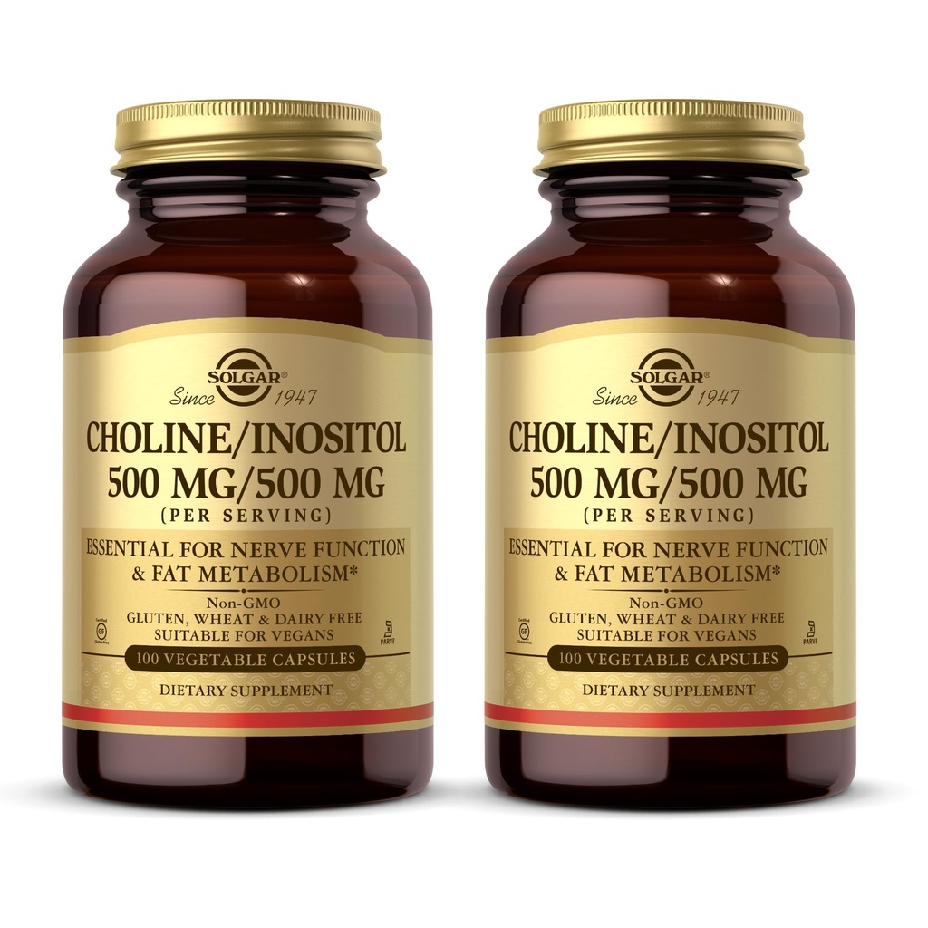 Solgar Choline/Inositol 500 mg/500 mg, 100 식물성 캡슐 (포장 2) - 에너지 대사, 뇌 & Nerve 기능을 위한 건강, 필수 - 비 GMO, Vegan, Kosher - 100 총 서빙