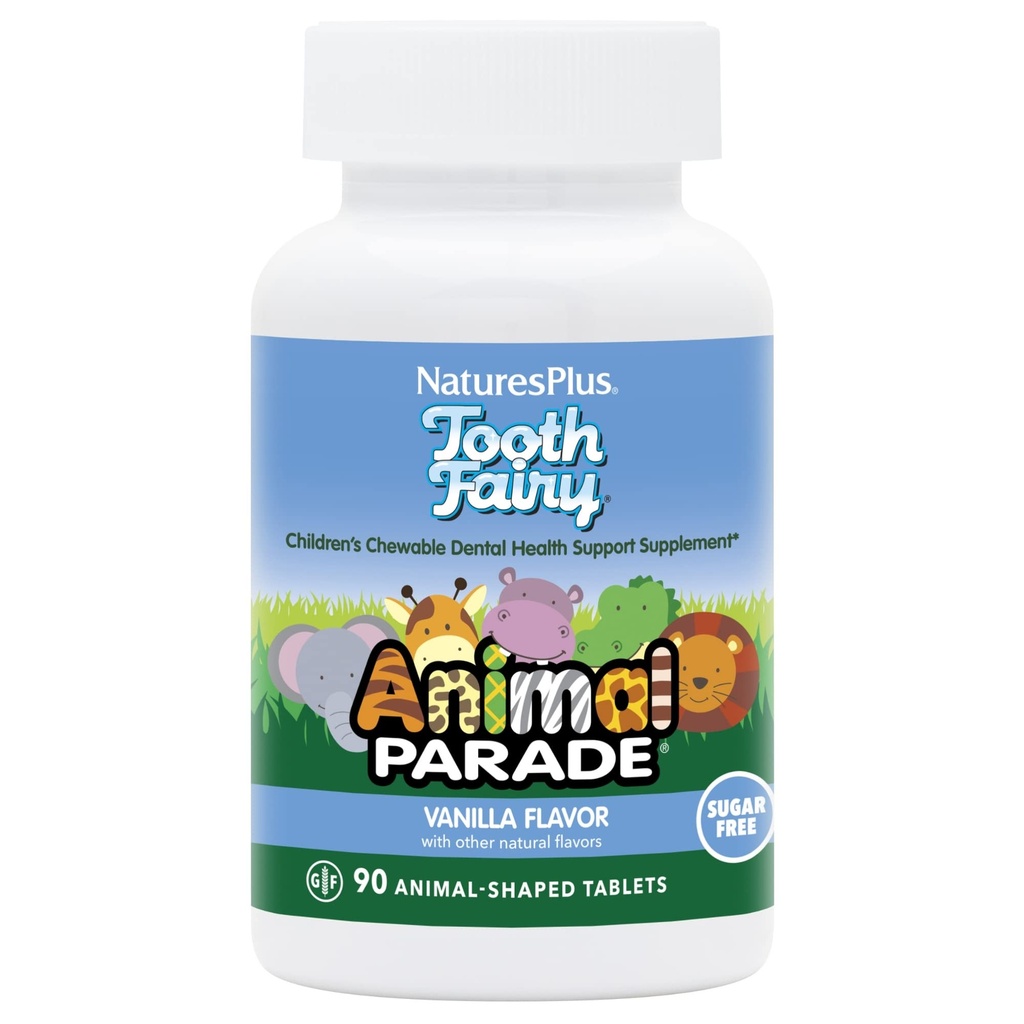 Natures Plus Animal Parade Tooth Fairy Children's Chewables - 자연 바닐라 맛 - 90 동물 모양 정제 - 치과 건강 보충 - 채식주의, 글루텐 무료 - 45 서빙