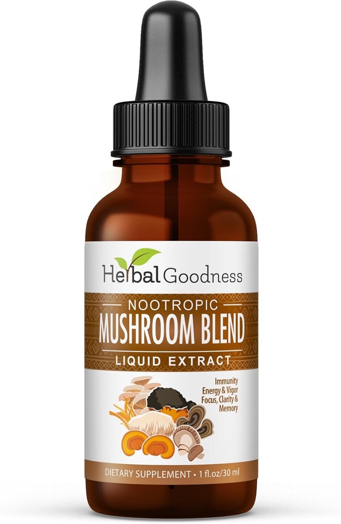 Nootropic 8-in-1 버섯 추출물 액체 - 1 fl. oz 병 | 라이온스 Mane, Reishi, 터키 꼬리, Cordyceps, Chaga, Maitake, Shiitake & Oyster Mushroom Tincture | 면역 기능