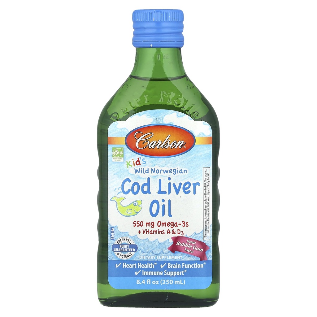 Carlson Kid's Wild 노르웨이, Cod Liver Oil + Vitamins A & D3, Bubble Gum, 8.4 fl oz (250 ml)