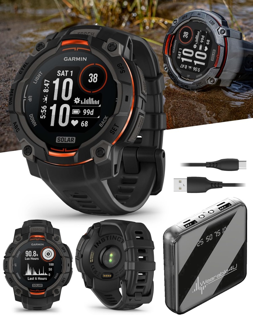 Wearable4U Garmin Instinct 3 태양 45 mm, 견고한 야외 GPS Smartwatch, 금속 강화 베젤, 내장 플래쉬 등, 최대 28 일의 배터리 수명, 블랙 밴드 번들