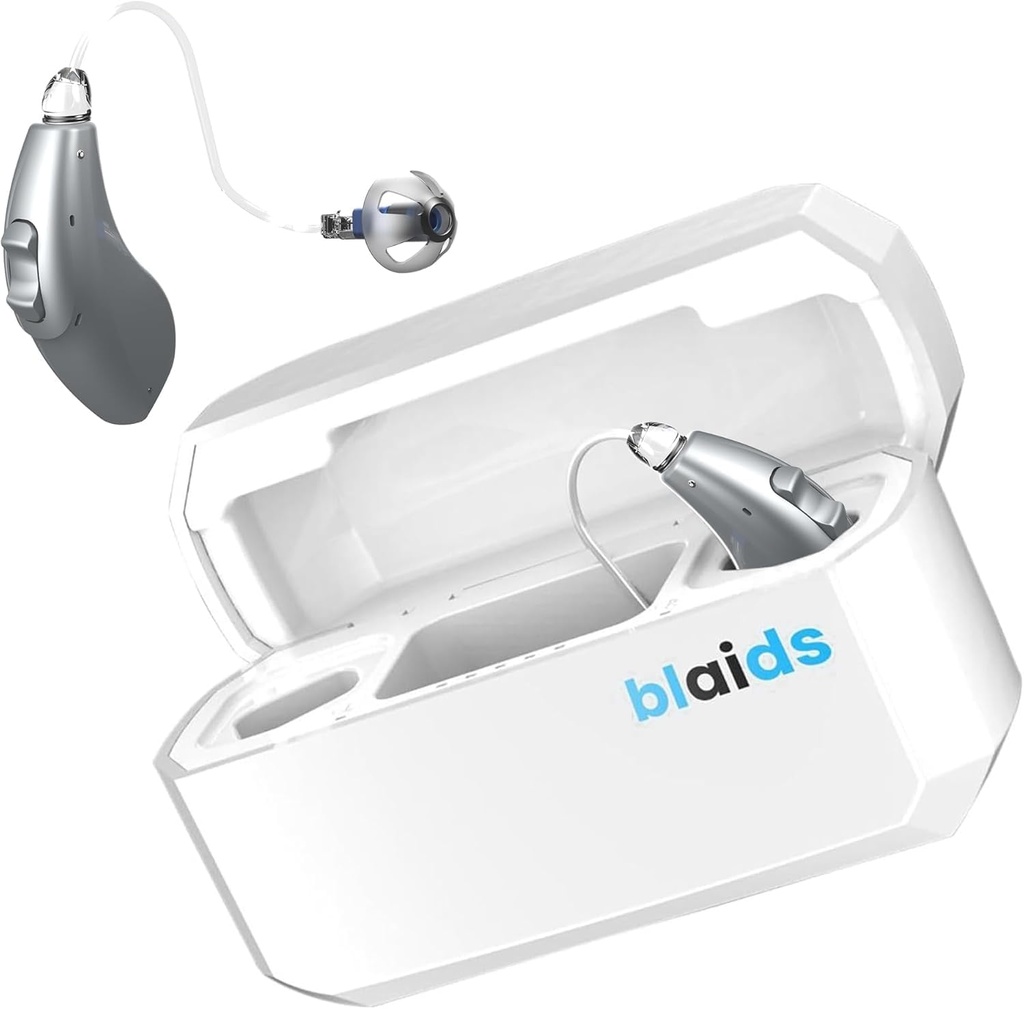 BlaidsX Neuro 충전식 RIC + 모바일 앱 보청기 테스트 및 노이즈 취소, 수석, 듀얼 Mic 및 96 DSP 채널을위한 보청기. USA-Made 프로세서
