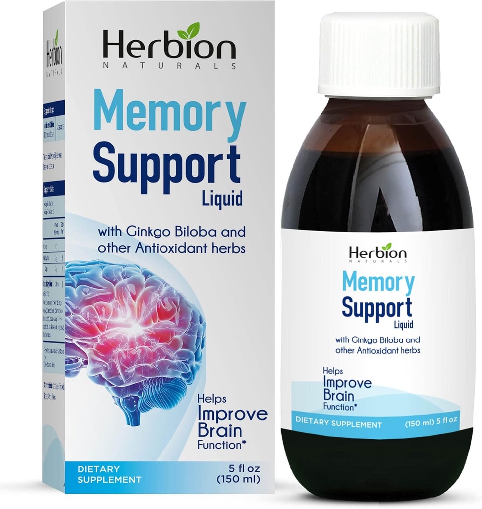 HERBION Naturals Memory Support Liquid - 뇌 기능 개선 및 애정성 심화, Ginkgo Biloba, 성인 및 12 년 이상 어린이가있는 건강한 무드 레벨 유지, 5 fl oz, 150 ml