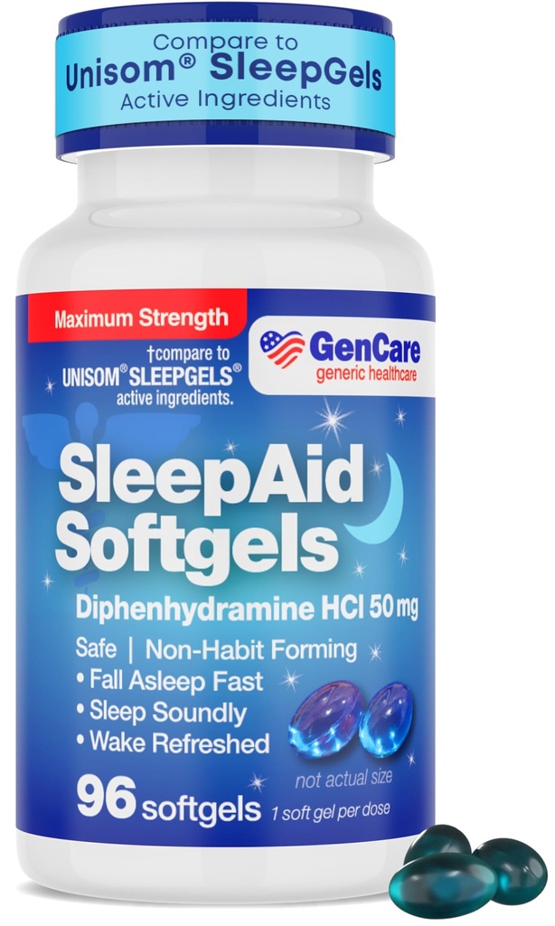 GenCare 최대 힘 야간 수면 원조는 Diphenhydramine HCl 50mg를 가진 성인 깊은 잠 알약을 위한 보충을 가을에 잠 잠 잠 잠 잠 잠급니다 - PM 수면 구호 [96 Softgel]를 형성하는 강한 Non-Habit