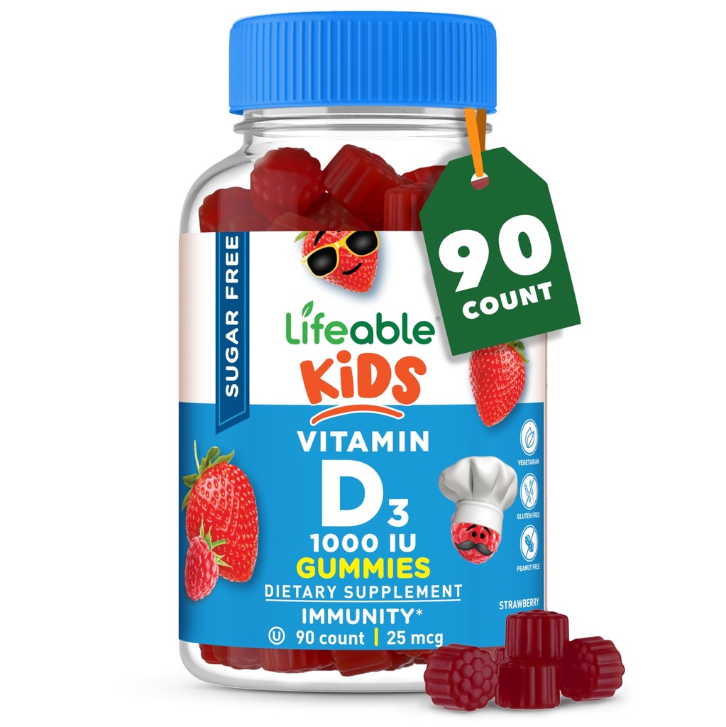 Lifeable Sugar Free Vitamin D for Kids 1000 IU – 훌륭한 타스팅 자연 풍미 거미 보충 – 글루텐 무료 채식 식 chewable – 강한 건강한 뼈, 어린이를위한, 십대, 유아, 90 구미