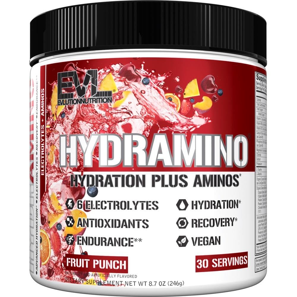 Evlution 영양 HYDRAMINO 완전한 Hydration 승압기, 모든 6 Electrolytes, 비타민 C & B의 유동성 밀어주는 아미노산, 코코넛 물, 내구시간, 회복, 산화 방지제, 30 Serve, 과일 펀치